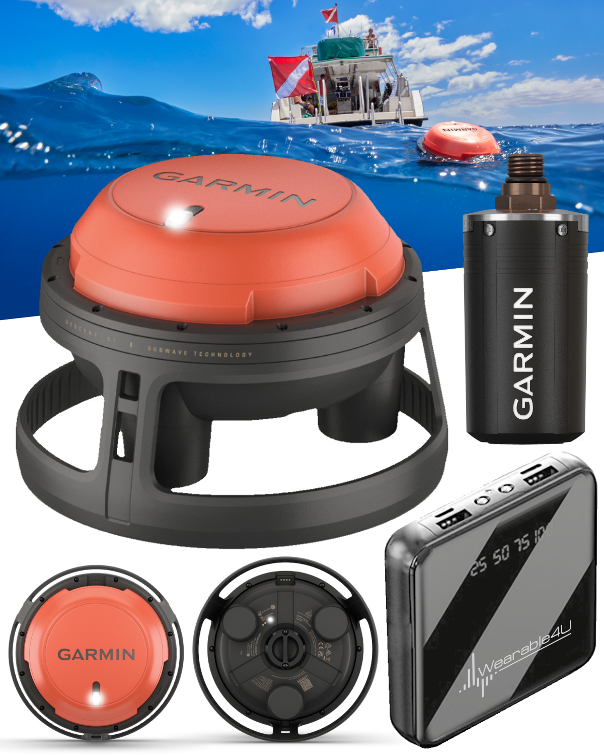Garmin Descent S1 Buoy, Diver Communication with SubWave Sonar Messaging and Diver Monitoring, Descent T2 Transceivers and Compatible Dive Computer Required | Wearable4U Bundle (010-02546-00)