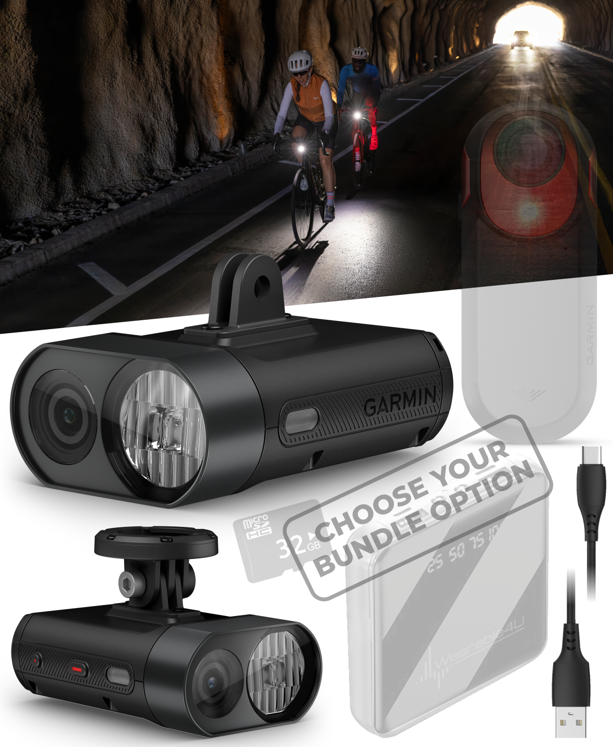 Garmin Varia Vue, Cycling Headlight and 4k Camera, Up to 600 Lumens, Auto Brightness, Crystal-Clear Video Recording, Incident Detection While Cycling w/ Wearable4U Bundle