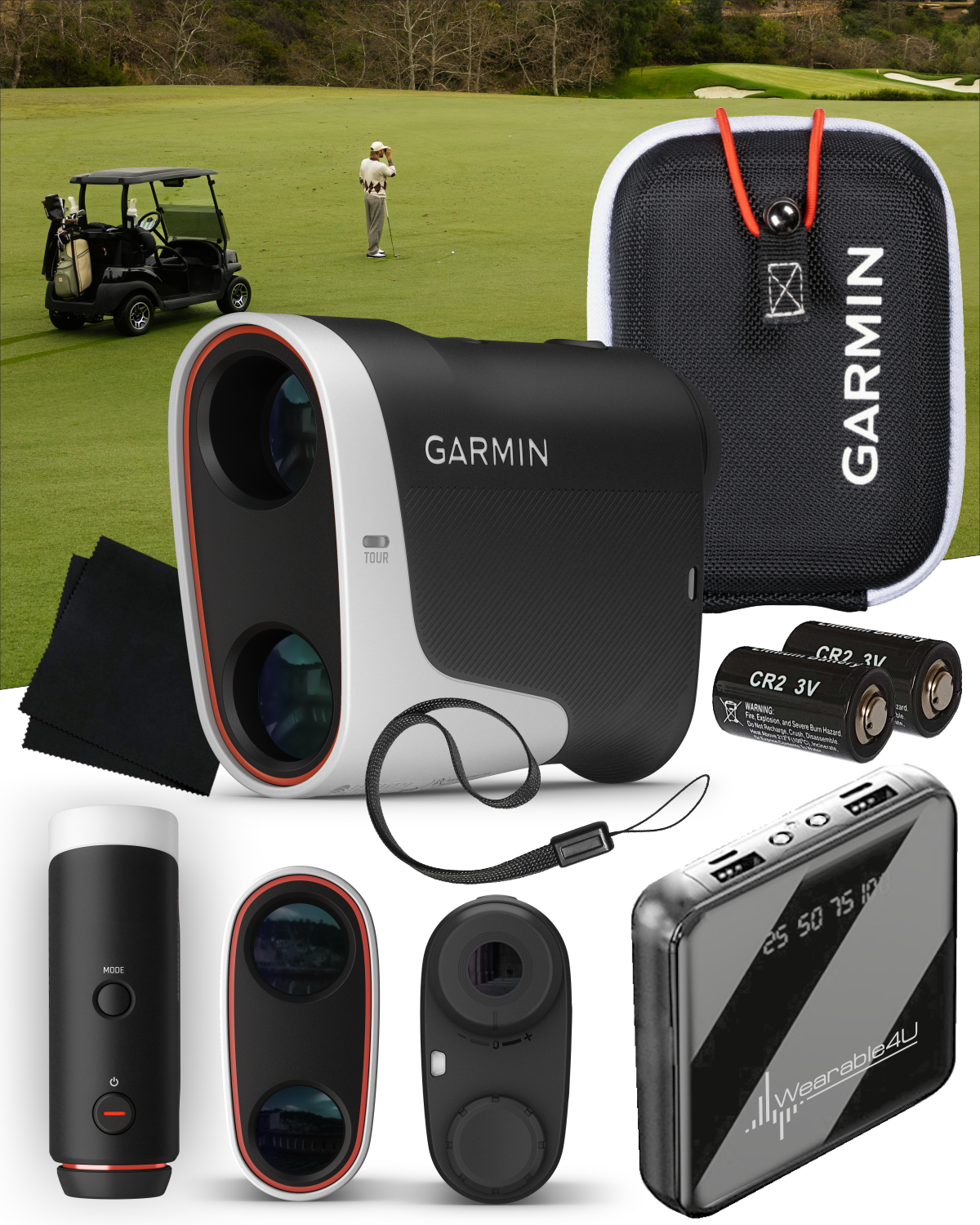 Garmin Approach Z30 Golf Laser Range Finder 400 yards 6X magnification with Wearable4U Power Bank and CR2 Battery Bundle
