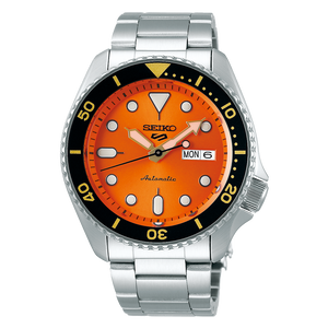 Seiko 5 Sports SRPD59 Automatic 10 ATM Water Resistant 42.5mm Orange Sunray Dial with Gold and Black accents Men's Watch