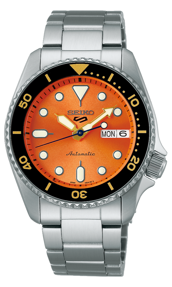 Seiko 5 Sports SRPK35 Automatic 10 ATM Water Resistant 38mm Vibrant orange sunray dial Men's Watch