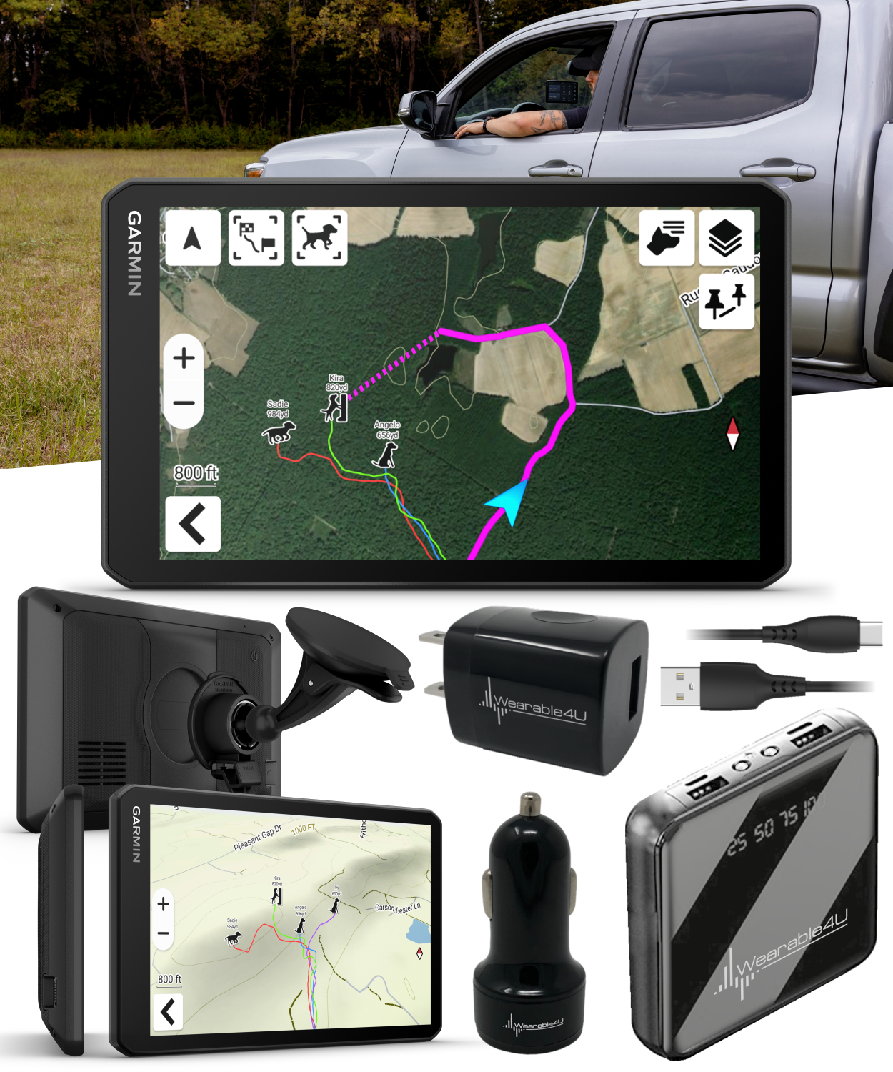 Garmin DriveTrack 72, Dog Tracking GPS Navigator, 7-inch Touch Screen, Pair to Your Garmin Handheld and Track Up to 20 Dogs (010-04676-00) w/ Wearable4U Bundle