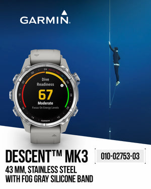 Garmin Descent Mk3 – 43 mm Stainless Steel with Fog Gray Silicone Band Watch-Style Dive Computer (010-02753-03)