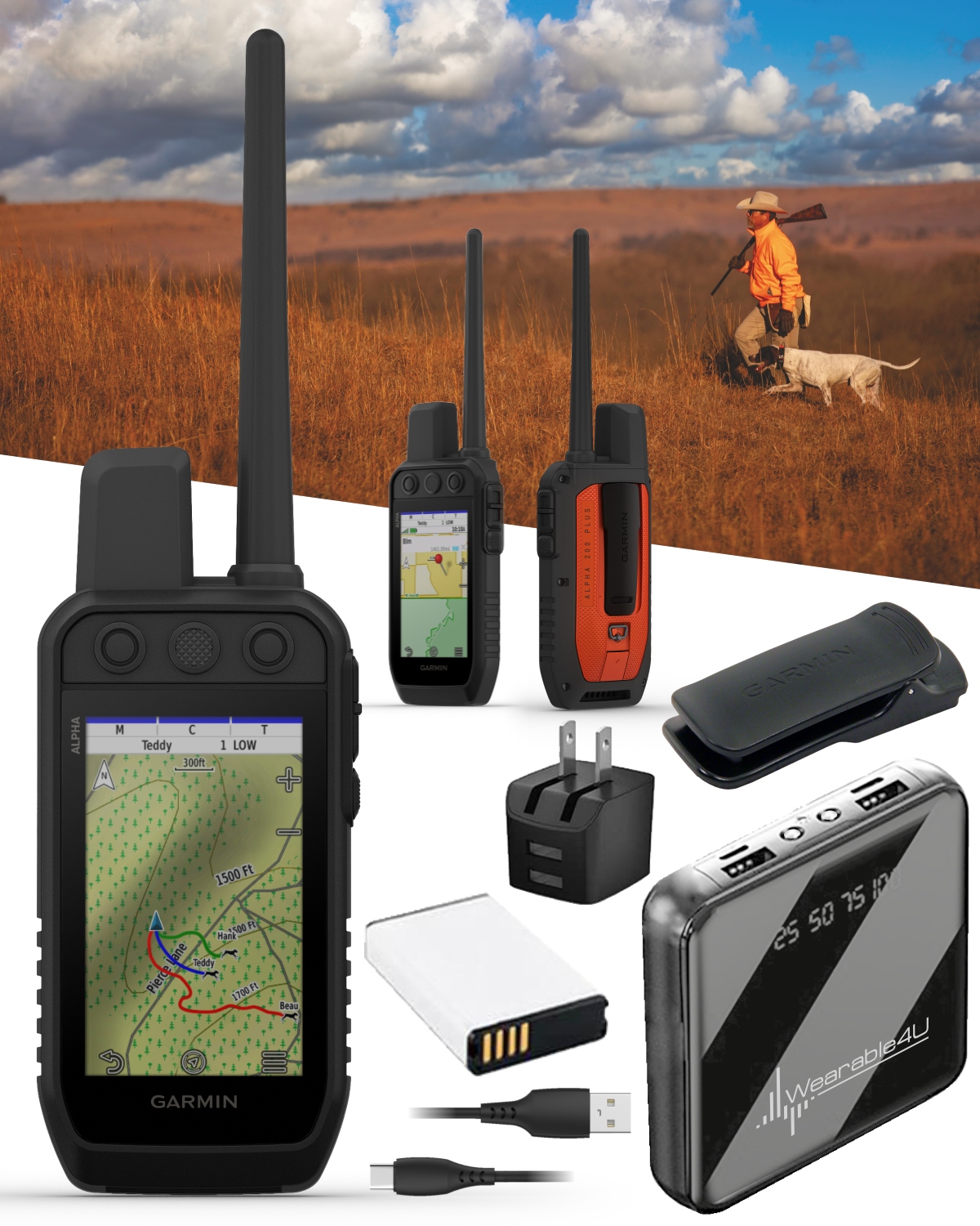 Garmin Alpha 200 Plus Dog Tracking & Training Handheld GPS, 3.5” Touchscreen, Track & Train Up to 20 Dogs from 9 Miles, Preloaded TopoActive Maps, 18 Training Levels with Wearable4U Power Bank Bundle  (010-04014-00_W4U)