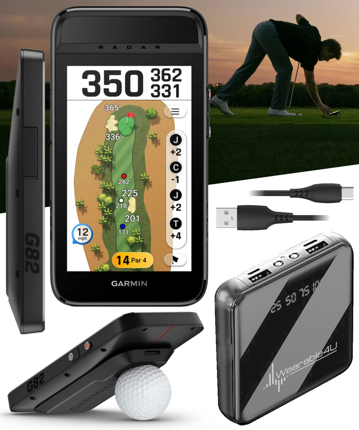 Garmin Approach G82, Portable Golf Launch Monitor, Premium GPS Handheld, Large Color Touchscreen (010-02943-00) with Wearable4U PowerBank Bundle