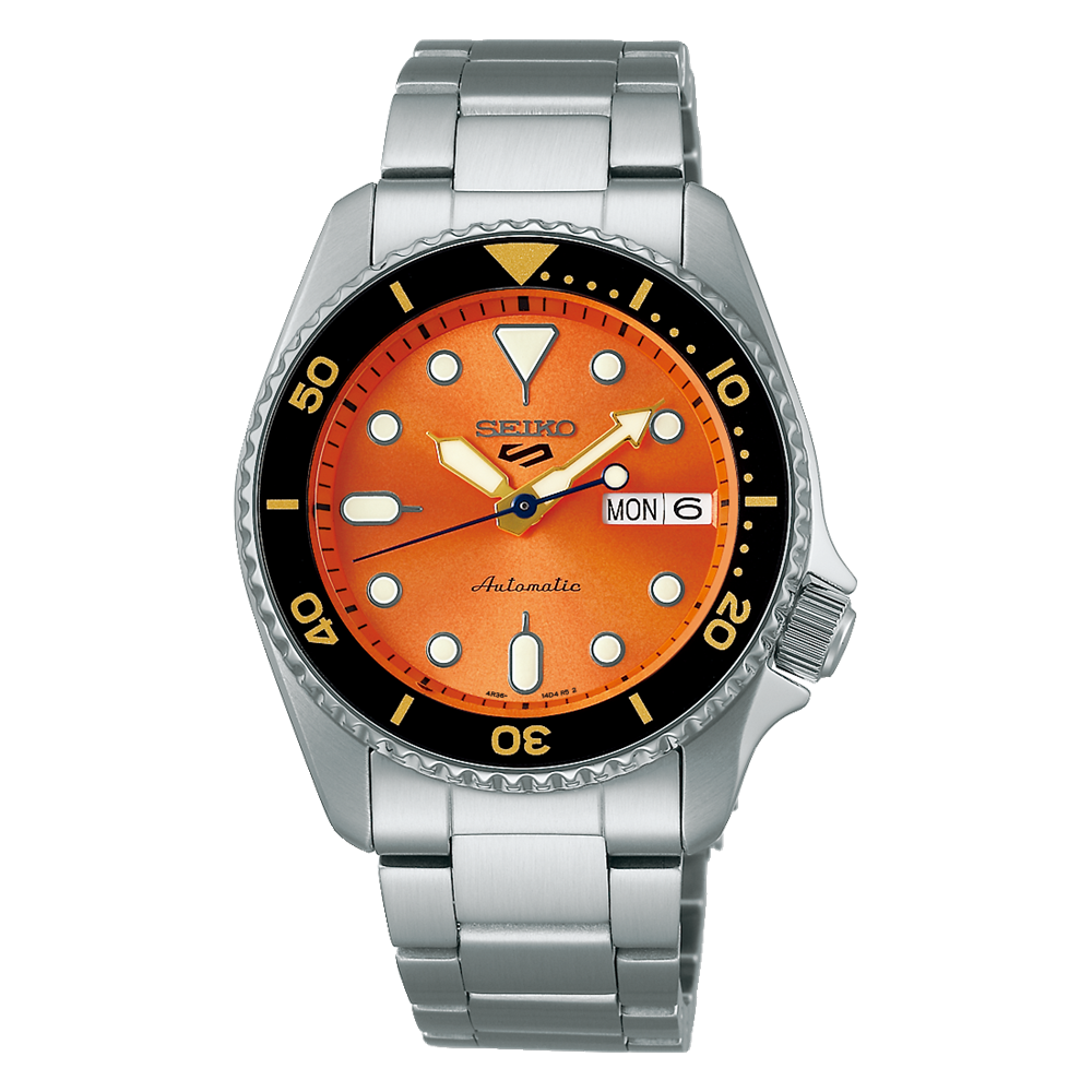 Seiko 5 Sports SRPK35 Automatic 10 ATM Water Resistant 38mm Vibrant orange sunray dial Men's Watch